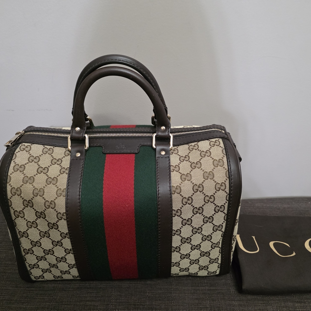 Gucci Brown GG Canvas Vintage Web Medium Boston Bag w/ Shoulder Strap